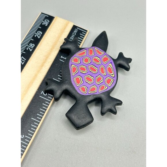 Turtle Shaped Polymer Clay Brooch Pin with Black Purple Colorful Design - Picture 5 of 5